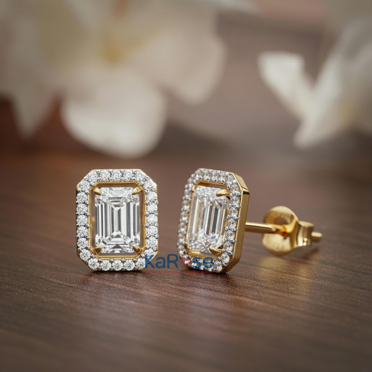 Classic Emerald-Shape Diamond Halo Stud Earrings