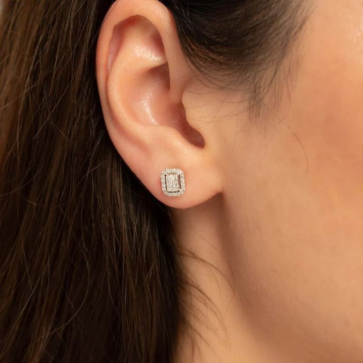 Classic Emerald-Shape Diamond Halo Stud Earrings