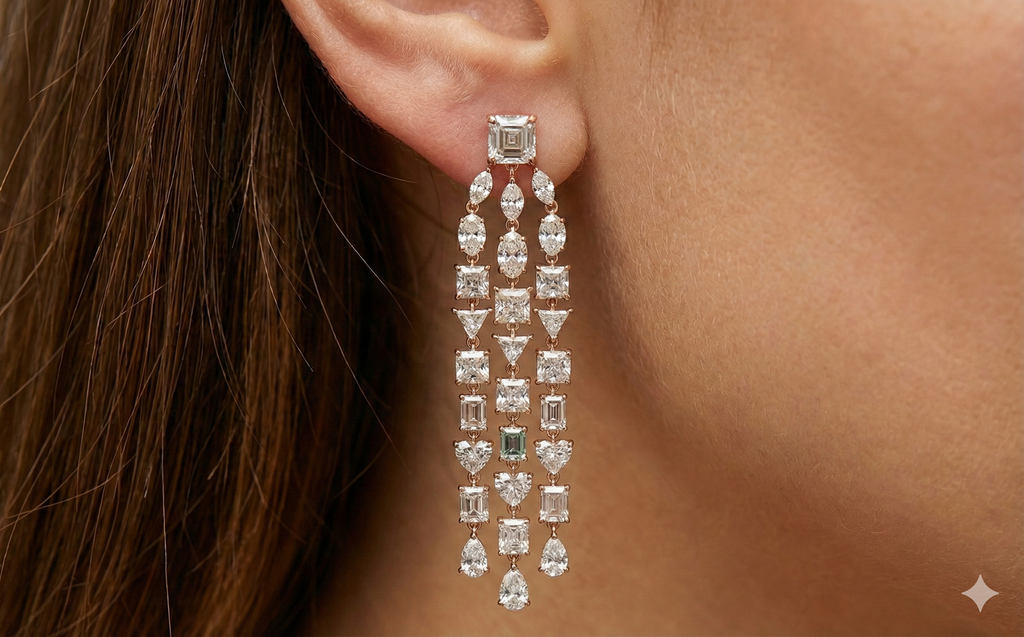 Mixed-Cut Diamond Triple-Strand Drop Earrings