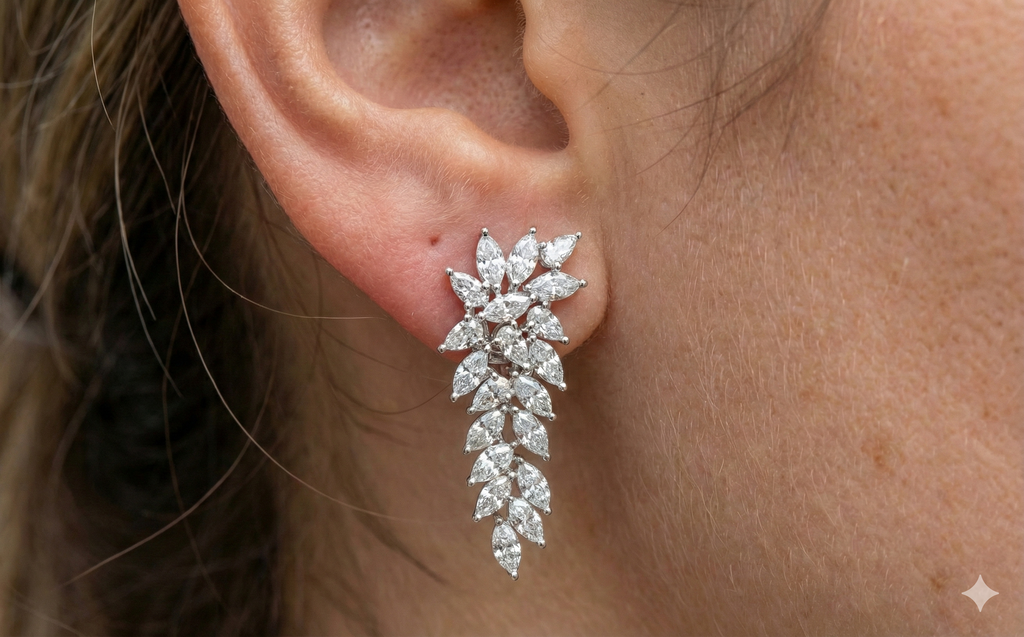 Marquise Diamond Leaf Cluster Drop Earrings